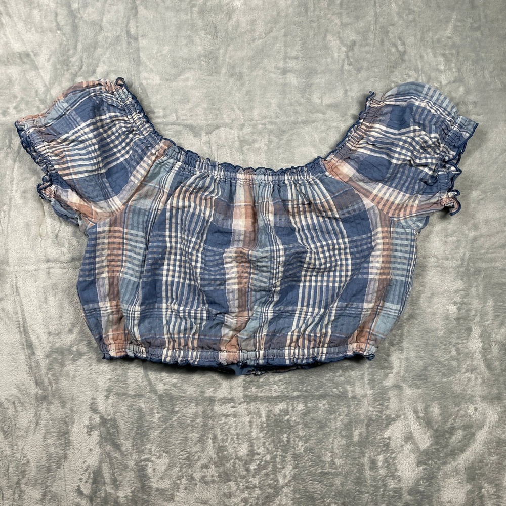 American Eagle Plaid Off The Shoulder Ruffle Crop Lined Top M Blue Pink Tan‎ M